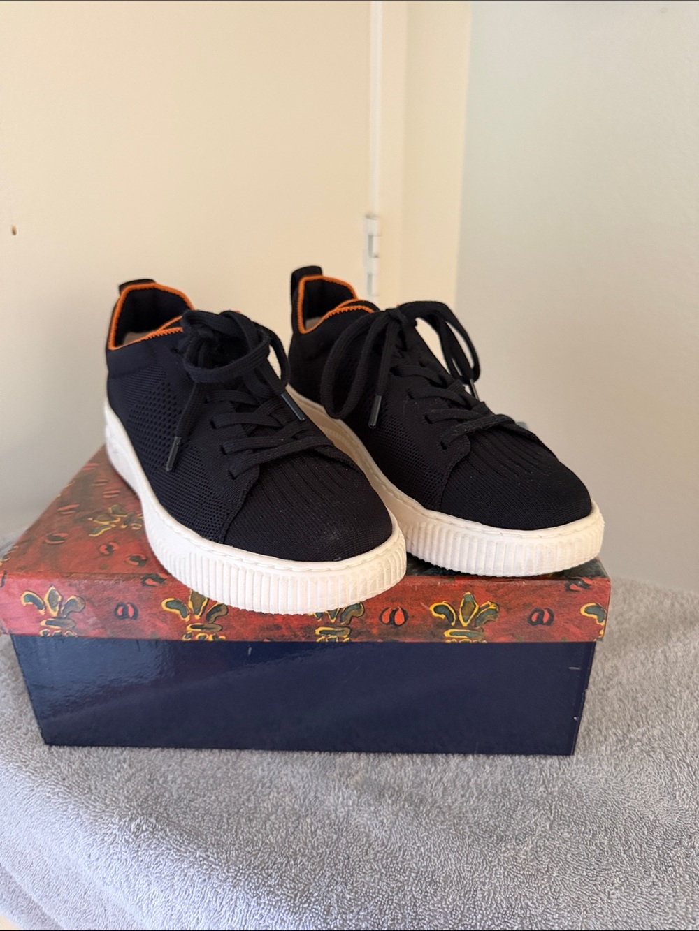 Sofft Dark Navy Knit Sneakers with White Platform and Orange Trim